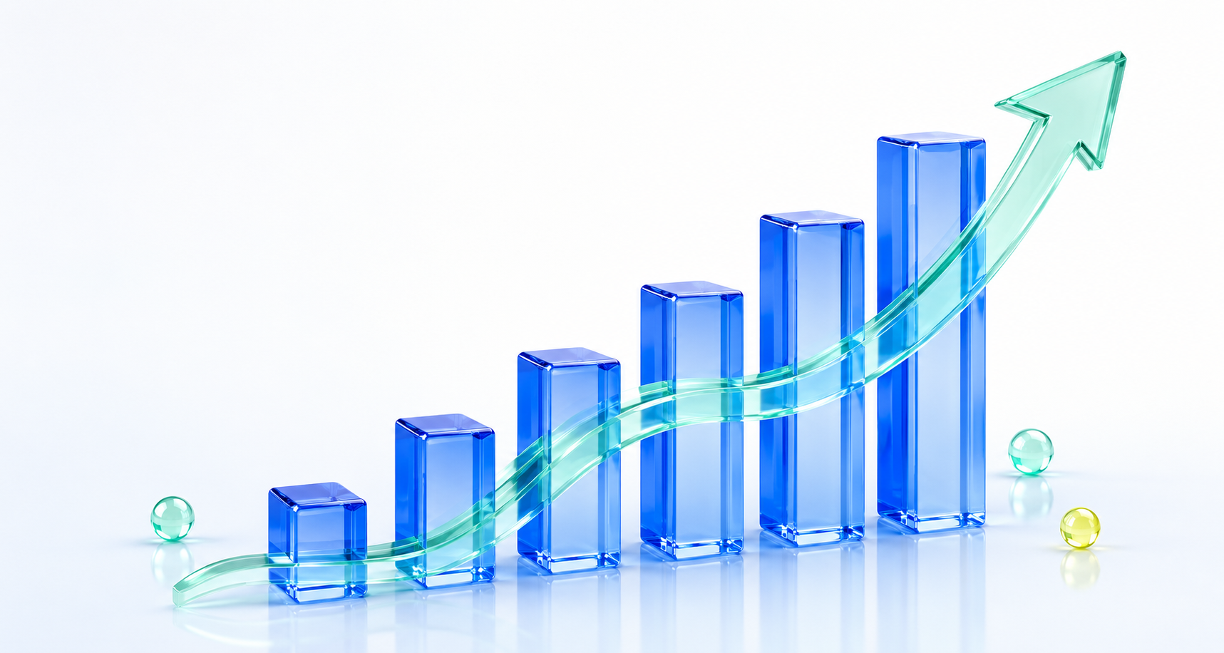 Ascending translucent blue bars with a mint arrow rising through them
